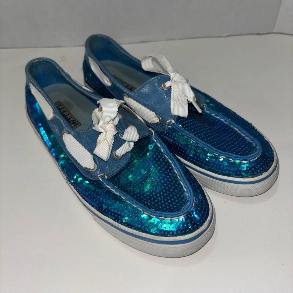 Sperry Blue Sequined Boot Shoes White Ribbon Tie Woman’s Size 7 #9688581